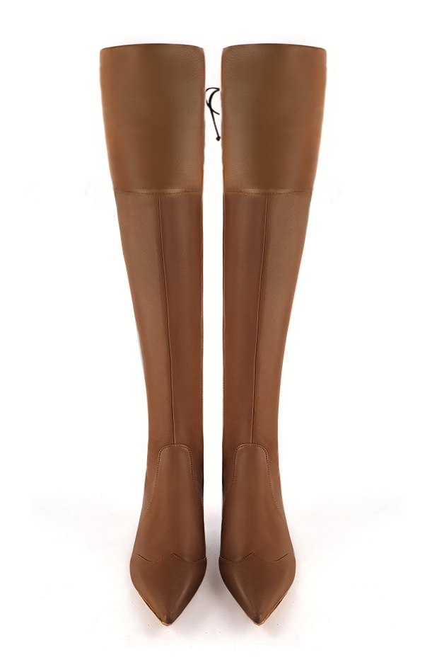Caramel brown women's leather thigh-high boots. Pointed toe. Low flare heels. Made to measure. Top view - Florence KOOIJMAN